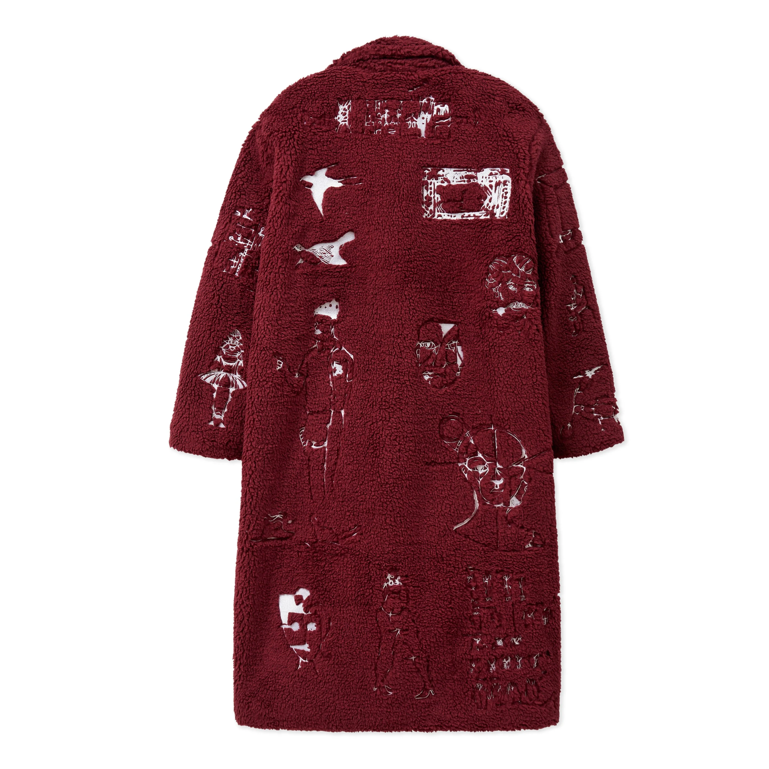 Embroidered Sherpa Fleece Overcoat [Burgundy] - Image 3