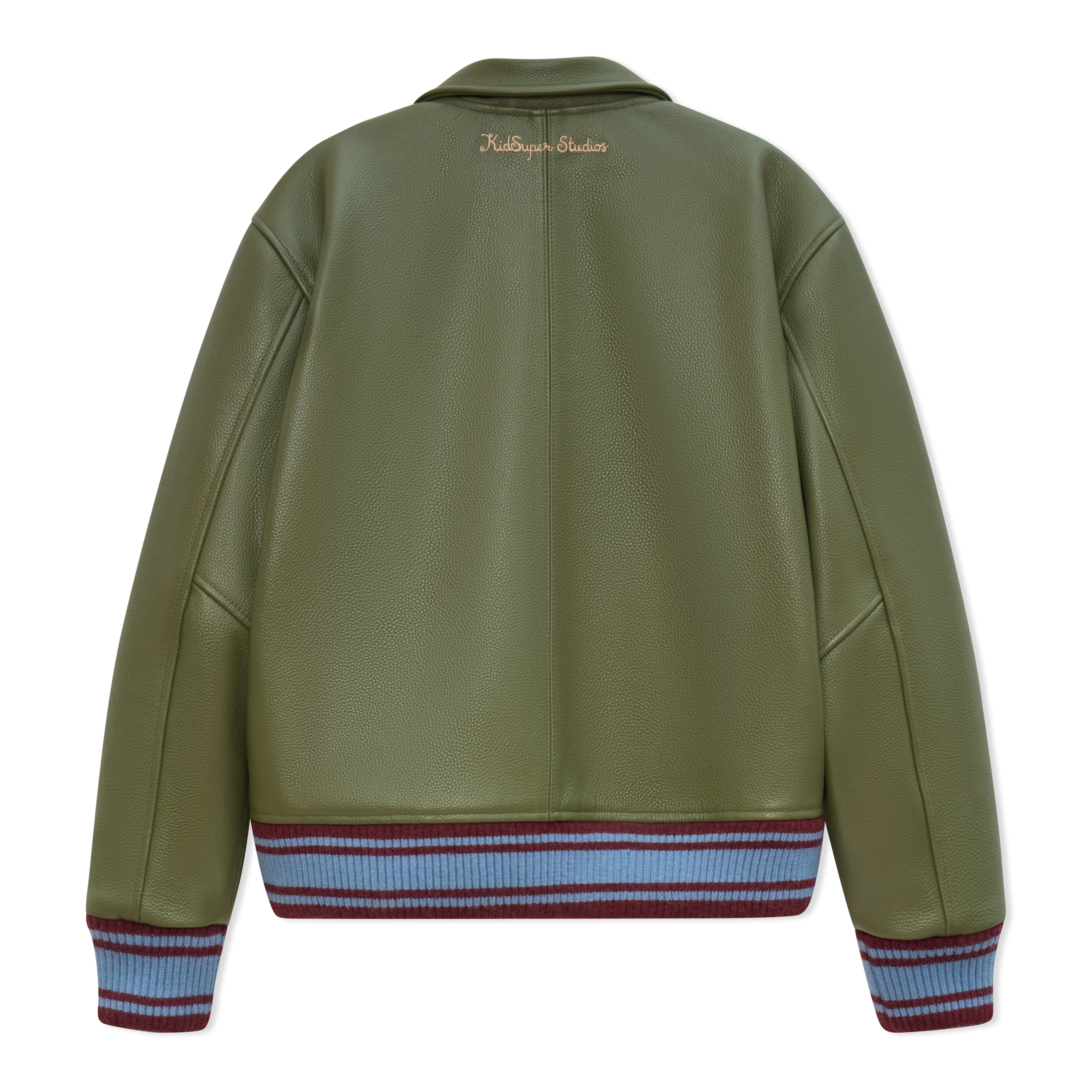 Patchwork Face Leather Varsity Jacket [Green] - Image 2