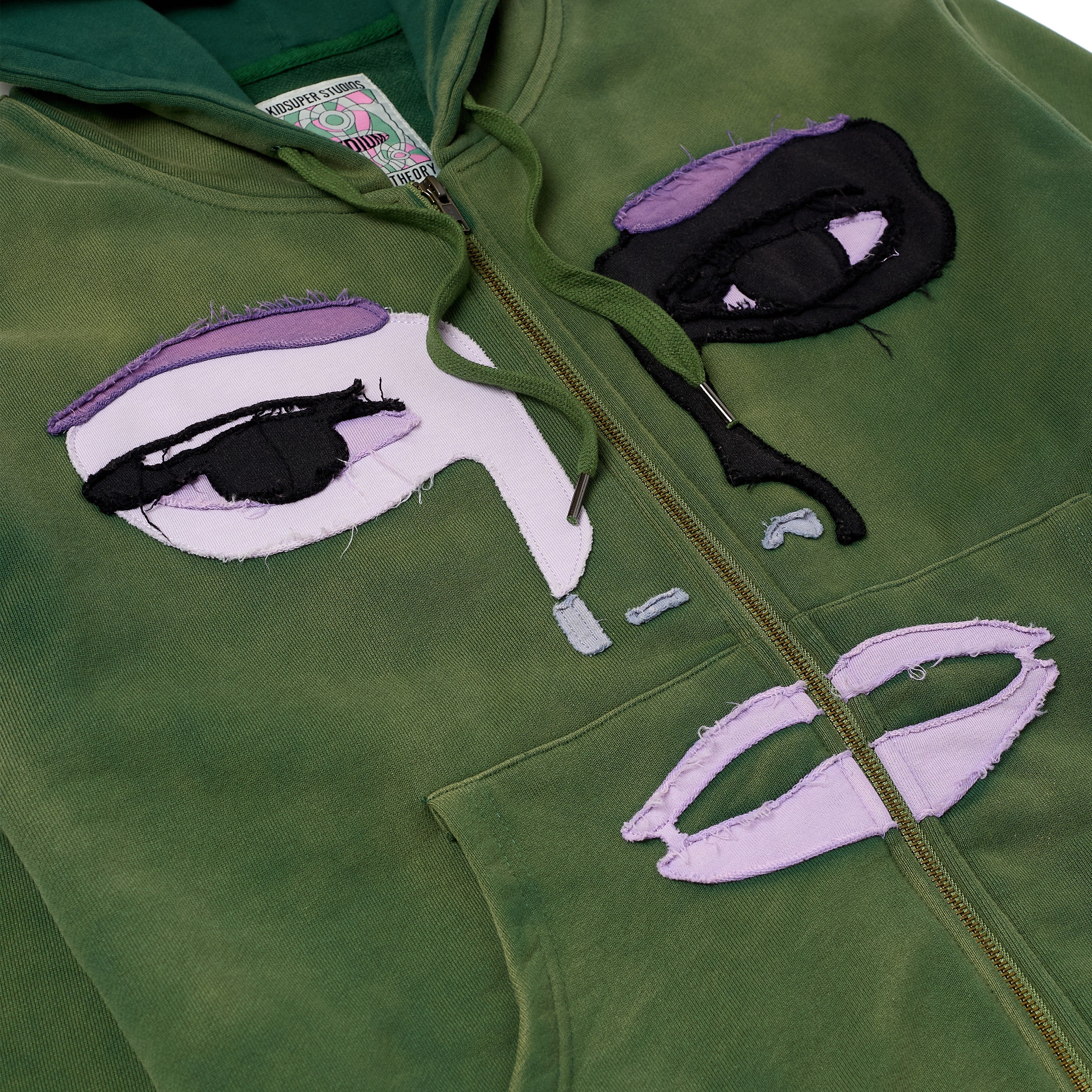 Patchwork Face Washed Heavyweight Zip Hoodie [Green] - Image 2